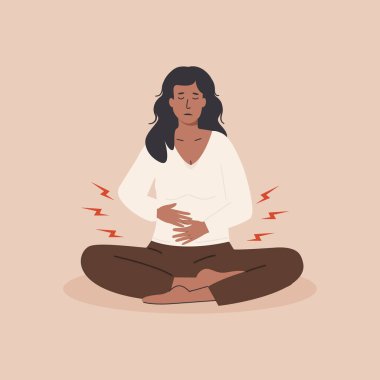 Adet sancısı. Genç, kahverengi bir kadın karın ağrısı ya da adet öncesi sendromu belirtileri gösteriyor. Aylık adet döneminde midesinde rahatsızlık olan bir kadın karakter. Vektör düz resimleme.