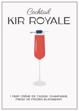 Kir Royale Kokteyli flüt bardakta şampanya ve böğürtlenli garnitür. Klasik alkollü içecek tarifi modern baskı. Yaz Fransız aperatifi. Bar menüsü için çağdaş poster. Vektör illüstrasyonu