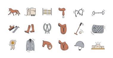 Horse Riding Essentials Flat Colored Icon Set. Vector Illustration of Equestrian Gear, Equipment and Activities in Minimal Outline Style. clipart