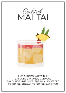 Ananas dilimi ve kirazla süslenmiş Mai Tai Kokteyli. Klasik alkollü içecek tarifi. Yaz aperatifi posteri. Alkollü içki ile minimist moda baskı. Vektör düz resimleme.