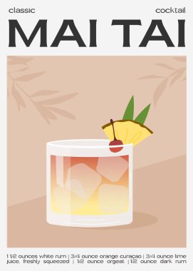 Ananas dilimi ve kirazla süslenmiş Mai Tai Kokteyli. Klasik alkollü içecek tarifi. Yaz aperatifi posteri. Alkollü içki ile minimist moda baskı. Vektör düz resimleme.