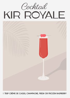 Kir Royale Kokteyli. Flüt bardakta şampanya ve ahududulu garnitür. Klasik alkollü içecek tarifi modern baskı. Yaz Fransız aperatifi. Bar menüsü için çağdaş poster. Vektör illüstrasyonu.