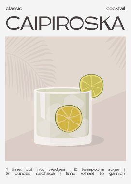 Caipiroska Cocktail garnished with slice of lime. Summer aperitif trendy poster. Minimalist print with alcoholic beverage on background with palm shadow. Vector flat illustration. clipart