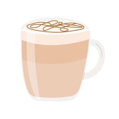Şeffaf cam bardakta taze macchiato. Vanilya şurubu ve karamel soslu bir fincan sütlü kahve. Beyaz arkaplanda izole edilmiş renkli minimalist biçimdeki düz vektör çizimi.