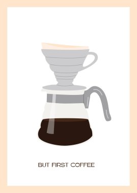 Trendy wall art with V60 glass pot and hot freshly brewed speciality coffee. Pour over craft coffee maker vertical print. Alternative coffee brewing methods placard. Vector flat style illustration. clipart