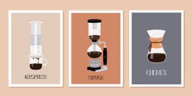 Chemex cam demlik, sifon kahve makinesi ve hava yastığı olan çağdaş posterler. Özel kahveli duvar resimleri. Alternatif kahve demleme yöntemleri. Moda minimalist vektör illüstrasyonu.