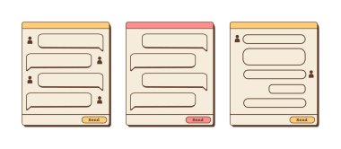 Konuşma baloncukları ve kullanıcı simgesi olan vektör retro sohbet pencereleri. Nostaljik UI. Retro buhar dalgası bilgisayar arayüzü. Chat şablonu. Renkli ve neon tasarımlar seti. Vektör düz resimleme.