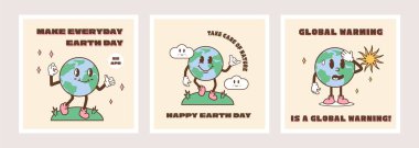 Set for Happy Earth Day Card. Vintage nostalgia cartoon earth planet character mascot with environment friendly slogan. Recycle concept social media ig post or square banner. Retro vector illustration clipart