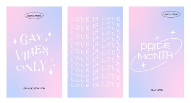 Modern design for Pride Month card, banner. Set of trendy minimalist queer aesthetic posters with gradients shapes. LGBTQ y2k backgrounds or stories templates for social media. Vector illustration. clipart