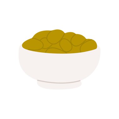 Yeşil zeytinli ve kırmızı biberli biberli. Sağlıklı aperatif, Akdeniz yemeği. Kokteyl eşliğinde. Tabakta ya da kasede zeytin. Vektör illüstrasyonu beyaz arkaplanda izole edildi.