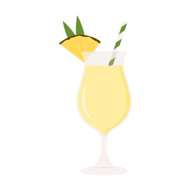 Buzlu Pina Colada Tropikal Kokteyli. Ananas meyvesiyle süslenmiş soğuk yaz içeceği. Aperatif, meyve suyu ya da meyve suyu. Kasırga camında. Beyaza izole edilmiş alkol içeceği. Vektör düz resimleme