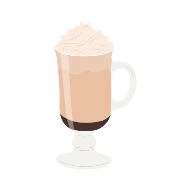 Şeffaf camlı mocha. Mocaccino çikolatalı sıcak içecek. Süt buğulamalı kahve ve kremalı krema. Renkli düz vektör illüstrasyonuName.