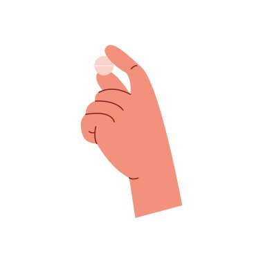 Elde tutulan bir tablet. İlaç, ilaç kapsülü ya da vitamin. Beyaz arkaplanda izole edilmiş düz biçimdeki vektör illüstrasyonu.
