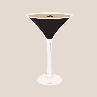Kahve çekirdekleriyle süslenmiş bardakta espresso martini kokteyli. Aperatif içki ve alkol. Arka planda izole edilmiş alkol içeceği. Vektör minimal düz biçim illüstrasyonu.