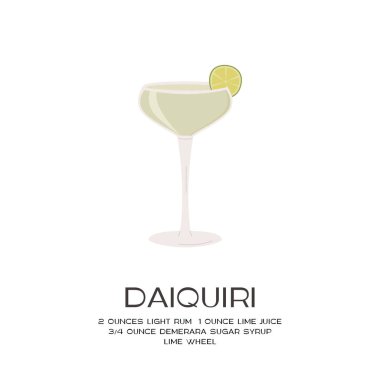 Limonlu martini bardağıyla süslenmiş Daiquiri kokteyli. Yaz aperatifi menü kartı. Beyaz arka planda alkollü içecek olan duvar resmi baskısı. Vektör düz biçim illüstrasyonu.