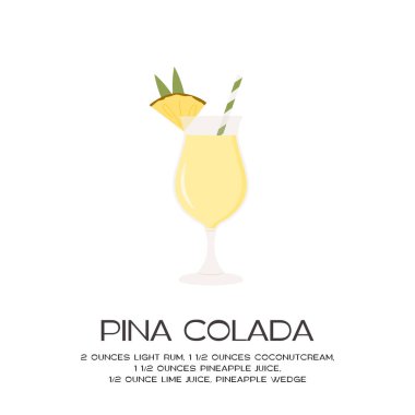 Pina Colada Tropikal Kokteyl buzla harmanlanmış. Romlu yaz aperatifi, hindistan cevizi sütü ve ananas suyu. Minimalist, modaya uygun, kareli, alkollü bir içecek. Vektör düz resimleme.