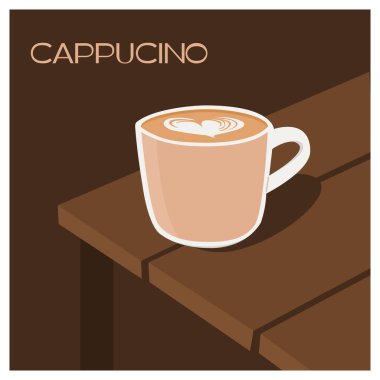 Masadaki şeffaf camlı sıcak kahve ya da cappuccino. Kafede bir fincan sütlü kahve. Kahvaltı menüsü, modern moda kare posteri, basit el çizimi, koyu renkli. Düz vektör illüstrasyonu.