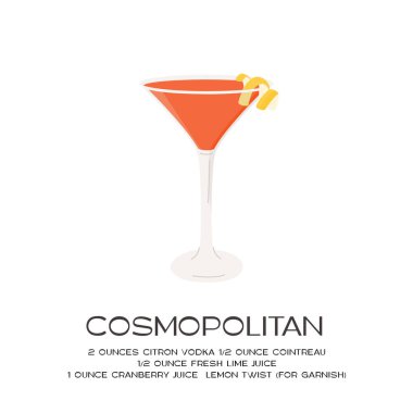 Limonlu martini bardağında Cosmopolitan kokteyli. Yaz aperatifi retro minimalist kare baskı. Beyaz arka planda alkollü içecek olan menü kartı. Vektör illüstrasyonu.