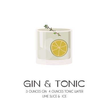 Limon dilimi ve yeşil otla süslenmiş buzlu cin tonik kokteyli. Yaz aperatifi retro posteri. Minimalist baskı ve beyaz arka planda alkollü içecek. Vektör düz biçim illüstrasyonu.