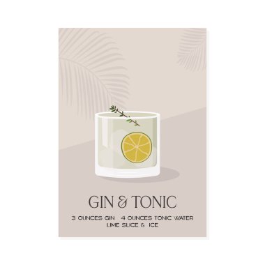 Limon dilimi ve bitki dallarıyla süslenmiş buzlu cin tonik kokteyli. Yaz aperatifi dikey poster. Arka planda alkollü içecek ve palmiye gölgesi olan minimalist baskı. Vektör.