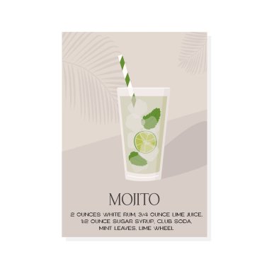 Limon dilimi, buz ve nane yapraklı mojito kokteyli tarifi. Rom, limon suyu ve soda ile yaz aperatifi. Nane filizi ile süslenmiş alkollü içecek. Asgari parmak izi. Vektör düz resimleme.