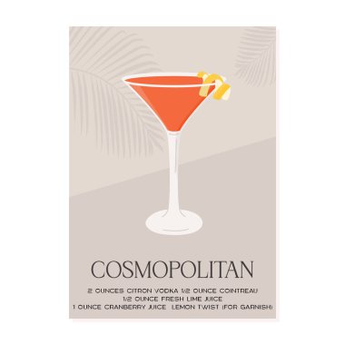 Limonlu martini bardağında Cosmopolitan kokteyli. Yaz aperatifi retro minimalist dikey baskı. Tropik palmiye gölgeli alkollü içecek. Vektör düz biçim illüstrasyonu.