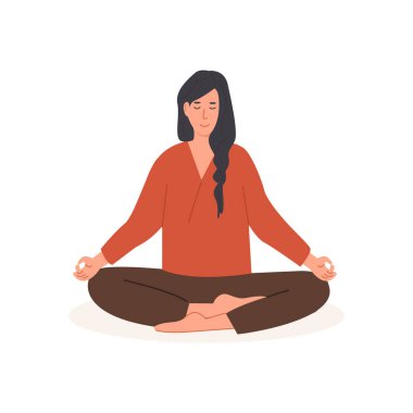 Bacak bacak üstüne atmış, gözleri kapalı meditasyon yapan genç bir kadın. Bağdaş kurup yoga yapan bir kadın. Meditasyon, karın nefes alma manevi uygulaması. Vektör illüstrasyonu beyazda izole edildi.