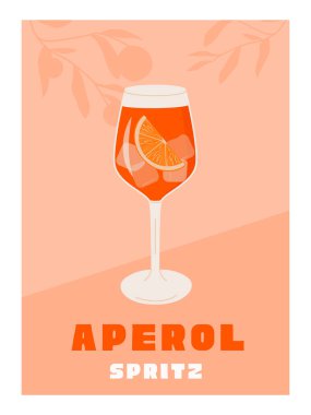 Campari Spritz. Bardakta buz ve portakal dilimli kokteyl. Yaz İtalyan aperatif retro posteri. Arka planda portakal kamaları ve narenciye ağacıyla süslenmiş alkollü içeceklerle dolu duvar sanatı. Vektör