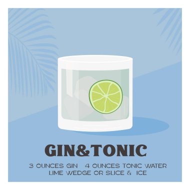 Limon dilimli cin tonik kokteyli. Yaz aperatifi kare posteri. Arka planda tropik palmiye gölgesi olan klasik alkollü içecek içeren minimalist baskı. Vektör düz resimleme.