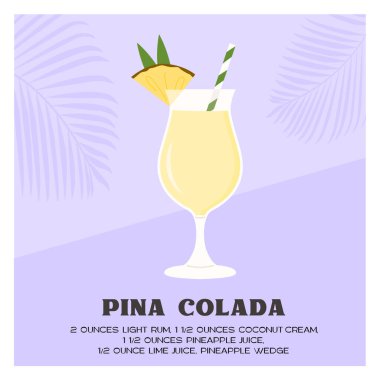 Pina Colada Tropikal Kokteyl buzla harmanlanmış. Yaz meyveli smoothie veya mocktail. Rom, hindistan cevizi sütü ve ananas suyuyla birlikte aperatif. Minimalist moda tarif kartı ve alkollü içecek. Vektör.