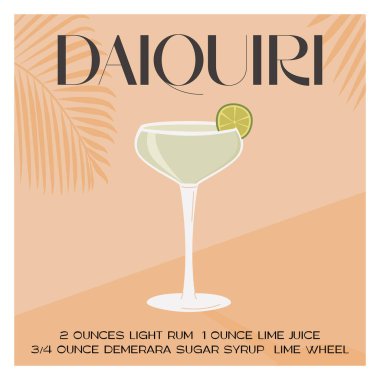 Limonlu martini bardağıyla süslenmiş Daiquiri kokteyli. Yaz aperatifinin retro kartı. Alkollü içecek ve arka planda tropik palmiye ağacı gölgesi olan duvar sanatı kare afişi. Vektör.