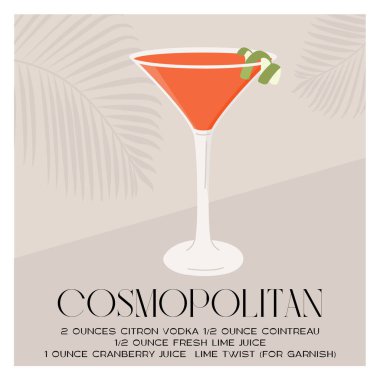 Limonlu martini kadehiyle süslenmiş Cosmopolitan kokteyli. Yaz aperatifi retro minimalist kare baskı. Tropikal palmiye gölgeli alkollü içecek menü kartı. Vektör illüstrasyonu