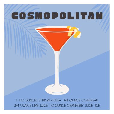 Limonlu martini bardağında Cosmopolitan kokteyli. Yaz aperatifi tarifi. Retro minimalist kare baskı. Tropikal palmiye gölgeli alkollü içecek kartı. Vektör illüstrasyonu.