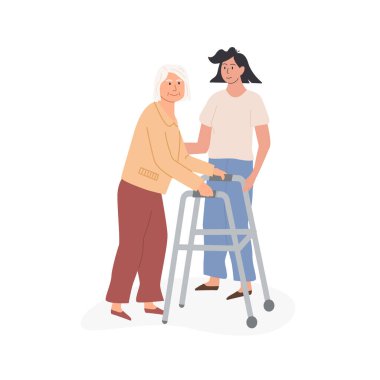 Kadın gönüllü yaşlı hastaya ortopedik yürüteç konusunda yardım ediyor. Bakıcı ya da akraba yaşlı bir kadınla birlikte yürüyor. Fiziksel aktivite, terapi rehabilitasyonu. Vektör düz izole illüstrasyon.