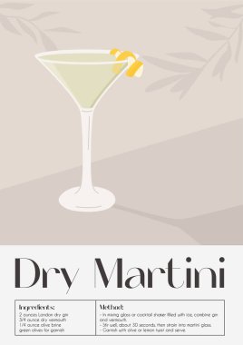 Buzlu ve limonlu martini kokteyli. Yaz aperatifi retro zarif poster. Arka planda limon dilimi ve zeytin ağacıyla süslenmiş alkollü içecek yazdır. Vektör.