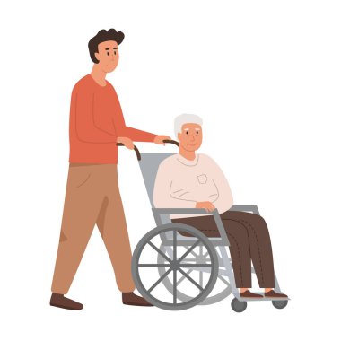 Hemşire ya da gönüllü tekerlekli sandalyedeki yaşlı adamla ilgileniyor. Huzurevi konsepti. Destekli yaşam. Yerleşik bakım tesisi. Hastanede sakat kalan son sınıf öğrencisi. Vektör düz resimleme.