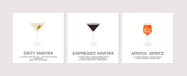 Kahve çekirdekleriyle süslenmiş espresso martini. Aperol Campari Spritz. Bardakta buzlu kokteyl. Kirli Martini ve şişte zeytin. Beyaz arka planda alkollü içecek içeren minimal baskı. Vektör.
