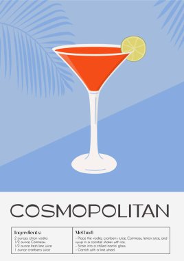 Limon tekeriyle süslenmiş martini bardağında Cosmopolitan kokteyli. Yaz aperatifi retro minimalist baskı. Arka planda tropik palmiye gölgesi olan alkollü içecek. Vektör düz resimleme.