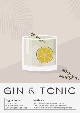 Limon dilimi ve biberiye dalıyla süslenmiş cin tonik kokteyli. Yaz aperatifleri moda afişi. Arka planda alkollü içecek ve palmiye gölgesi olan minimalist baskı. Vektör düz resimleme.