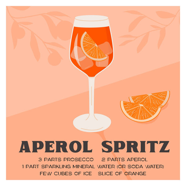 Aperol Spritz Cocktail in glass with ice and slice of orange. Classic summer Italian aperitif recipe square card. Retro minimal poster with alcoholic beverage. Vector illustration.