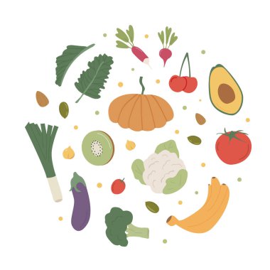 Yuvarlak daireli organik sebze koleksiyonu. Taze çiftlik sebzeleri. Sağlıklı vejetaryen yemek posteri. Sonbahar ve yaz hasadının düz vektör çizimi.