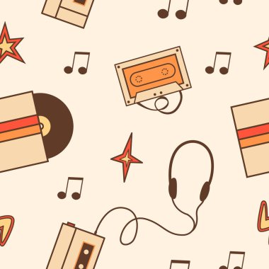 Geçmişe dönük analog plak kaydı, paten, barış işareti, kalp ve gülümseyen çiçek içeren pürüzsüz bir model. 70 'lerin nostalji komedi tarzı öğeleri olan klasik bir arka plan. Vektör illüstrasyonu.