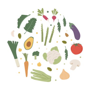 Yuvarlak daireli organik sebze koleksiyonu. Taze çiftlik sebzeleri. Sağlıklı vejetaryen yemek posteri. Sonbahar ve yaz hasadının düz vektör çizimi.