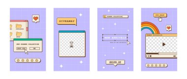 Sosyal medya için doğrusal vaporwave ig postası ya da hikaye şablonları. Eski bilgisayar kullanıcı arayüzü penceresi ve nostaljik unsurları olan soyut 80 'lerin estetik geçmişi. Vektör