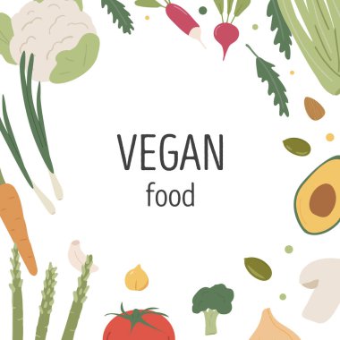 Organik sebzelerin arka planında taze çiftlik sebzeleri var. Sağlıklı vejetaryen yemekli kare kart tasarımı. Sonbahar ve yaz hasadının düz vektör çizimi.