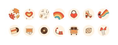 Hippi retro 60 'lar 80' ler yuvarlak ikonlar setini ön plana çıkarıyor. Sosyal medya insta blog 'u için funky pozitif koleksiyon kapakları. Vektör düz çizgi film biçimi illüstrasyonu.