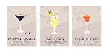 Bir dizi yaz aperatifi tarif minimalist ev dekorasyonu posterleri. Espresso Martini, Pina Colada ve Cosmopolitan buzlu süslemeli cam. Duvar resmi ve alkollü içecek. Vektör illüstrasyonu.