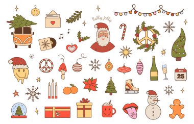 Mutlu Noeller ve 60 'ların 70' lerin modası geçmiş yeni yıl vektör koleksiyonu. Kış tatili için harika elementler. Pozitif hippi ikonlarıyla dolu çıkartma paketi. Vektör illüstrasyonu beyazda izole edildi.