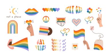 Gurur bayrakları, cinsiyet işaretleri, retro gökkuşağı renkli elementlerle dolu LGBTQ topluluk sembolleri. Gururlu ay çıkartmaları. Eşcinsel geçit töreni harika bir kutlama. LGBT düz biçim simgeleri ve slogan koleksiyonu.