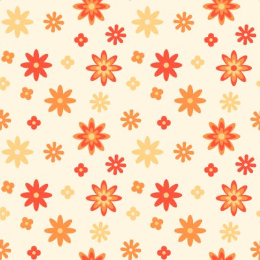 70 'ler çiçeksiz desen yaratmış. Çeşitli papatya baharı ve yaz çiçekleri. Botanik antika, sarı arka plan. Düz biçimli vektör illüstrasyonu.